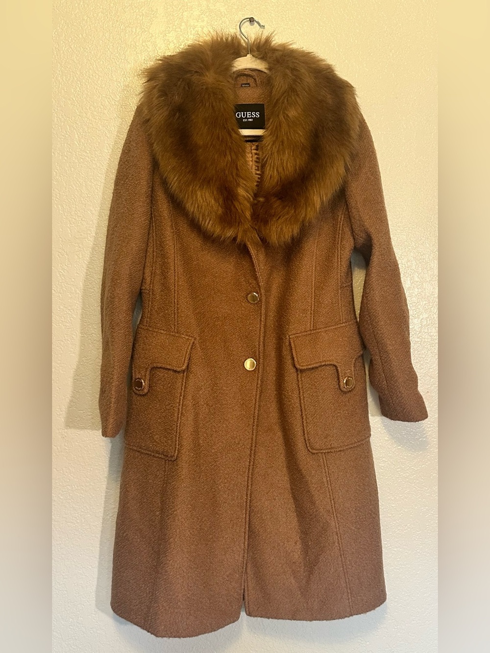 GUESS Long Brown Wool Trench Coat with Faux Fur Collar GUC M